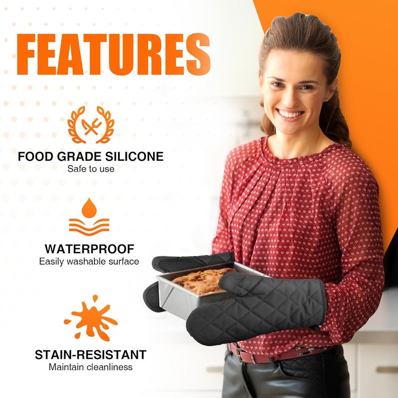 HSEEC Silicone Oven Mitts, Heat Resistant 2PCS Oven Mitts with Soft Cotton Lining, Waterproof Non-Slip Grip Oven Glove, Kitchen Potholder Mits for BBQ, Baking, Cooking, 10.5Inch - Dark Black - Image 4